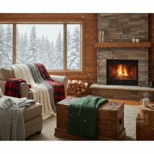 A rustic Canadian log cabin interior featuring heavy wool winter blankets and a glowing fireplace.