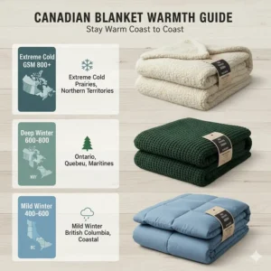 An infographic comparing GSM weights of extra warm blankets suitable for various Canadian provincial climates.