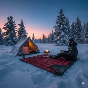 Insulated outdoor blanket waterproof layer facing down on the snow for winter camping in Ontario.