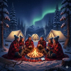 A durable, waterproof battery powered heated blanket being used inside an ice fishing hut on a frozen lake in Alberta.