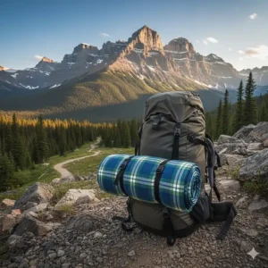 Compact waterproof outdoor blanket strapped to a backpack during a hike in the Canadian Rockies.