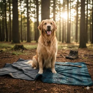 A wet Golden Retriever sitting on a mud-resistant waterproof outdoor blanket after a forest walk.