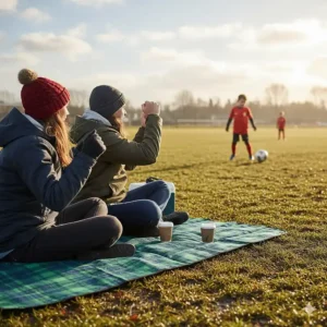 Parents sitting on a waterproof outdoor blanket while watching a youth soccer game on damp grass.