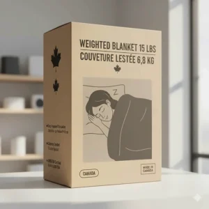 Illustration of a weighted blanket 15 lbs box with English and French (couverture lestée) labeling.