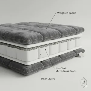 Diagram showing the inner layers of a weighted blanket 15 lbs with non-toxic micro-glass beads.