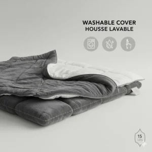 Icons showing a removable and machine-washable cover for a 15 lbs weighted blanket.