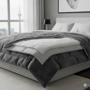 An illustration showing the multi-layer construction of a weighted, extra warm blanket for cold Ontario winters.