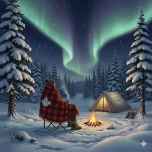 A person wrapped in a thick camping wool blanket while winter camping in the snowy Canadian wilderness under the northern lights.