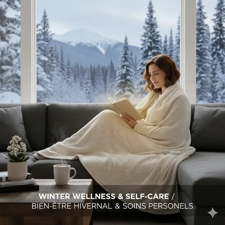 Lifestyle illustration of a person relaxing with a book and a heated throw blanket, emphasizing winter wellness and comfort.