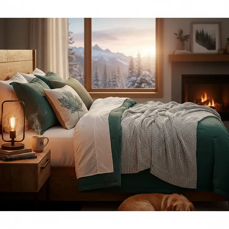 A cozy Canadian bedroom featuring layered all season blankets on a bed, styled for year-round comfort in climates from Toronto to Calgary.