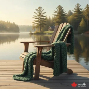 Illustration of a classic Muskoka chair with an all season blanket, ideal for Canadian lakeside evenings.