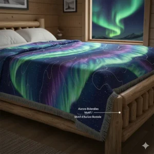 Illustration of a blanket featuring an Aurora Borealis pattern, popular in the Canadian North.