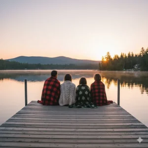Illustration of a family wrapped in cottage blankets on a dock watching the sunset over a Canadian provincial park.