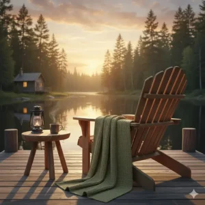 A cozy illustration of a bamboo throw blanket used on a Canadian patio or dockside during a summer evening.
