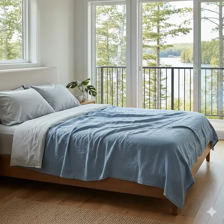 A lightweight cooling bamboo summer blanket in a serene Canadian bedroom setting, perfect for humid summer nights in Toronto or Montreal.