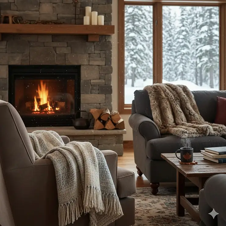 A cozy Canadian living room featuring heavy wool blankets and faux fur throws near a fireplace, optimized for the Canadian climate.