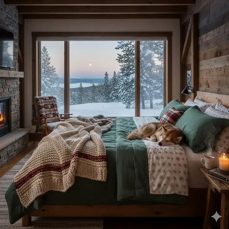 A cozy Canadian bedroom featuring layered wool and fleece blankets for a cold bedroom, with a snowy winter view through the window.