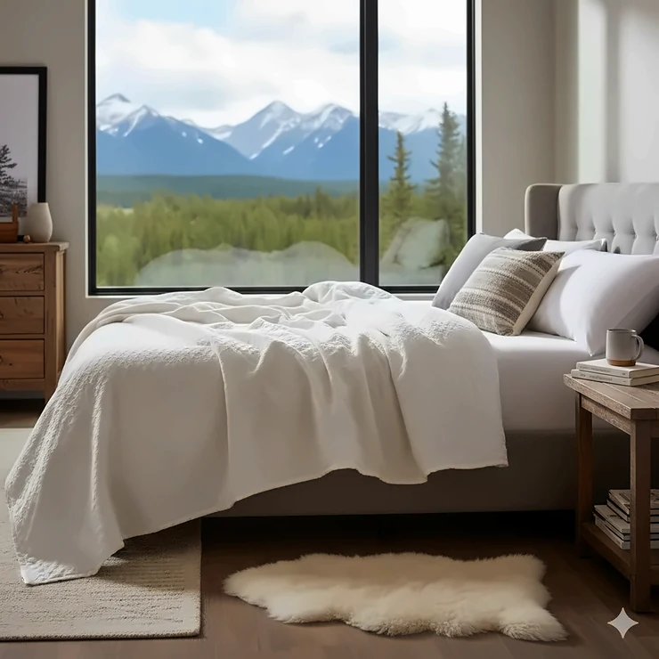 A cozy modern Canadian bedroom featuring a temperature regulating blanket on a bed, designed for comfort during changing seasonal climates from BC to Newfoundland.