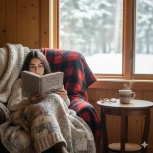 Modern illustration of a cozy reading nook with cottage blankets and a book, highlighting Canadian comfort (confort canadien).