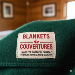 A graphic of a product label showing "Blankets / Couvertures" to highlight bilingual Canadian standards.
