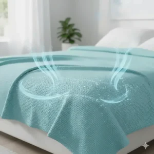 Illustration showing the moisture-wicking properties of bamboo summer blankets for hot sleeper relief.