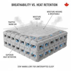 Technical illustration of breathable fabric technology in blankets for a cold bedroom to prevent overheating while staying warm.