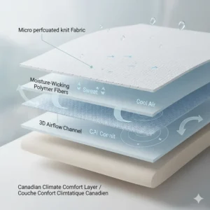 Illustration showing the breathable layers of a temperature regulating blanket that wicks away moisture during humid Canadian summers.