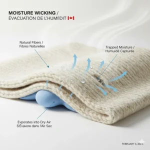 Illustration showing moisture-wicking properties of natural fibers in blankets for dry prairie winters.