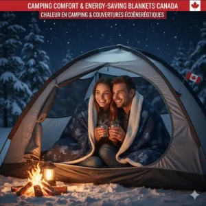 Illustration of Canadian campers using energy saving blankets for extra warmth inside a tent.