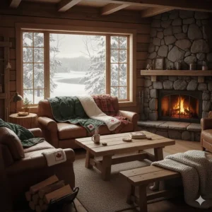 Illustration of a rustic Canadian cabin interior with heavy-duty energy saving blankets on the furniture.
