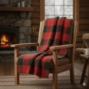 Traditional red buffalo plaid throw, a popular choice for blankets for a cold bedroom in Canadian cottages and cabins.