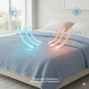 Technical graphic explaining how bamboo summer blankets regulate body temperature during Canada’s heatwaves.