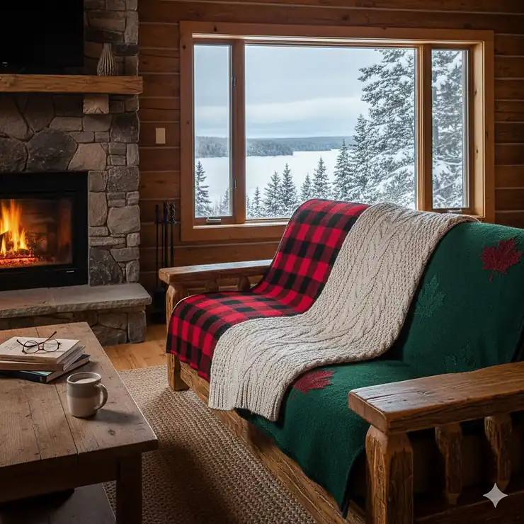 A cozy living room in a Muskoka cottage featuring wool cottage blankets draped over a rustic wooden sofa with a view of a Canadian lake.