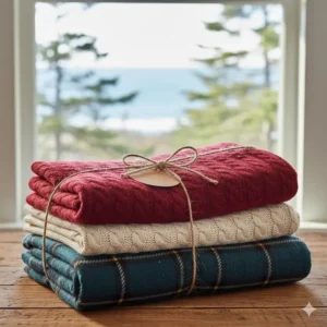 Illustration of folded cottage blankets tied with twine, perfect for housewarming gifts in the Canadian Maritimes.