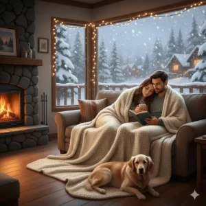 A couple relaxing on a sofa covered by a warm, queen size winter blanket during a snowstorm outside.