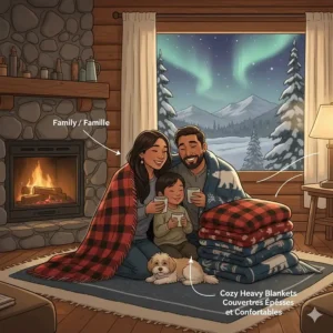 A warm illustration of a family sharing thick blankets in a Northern community setting.