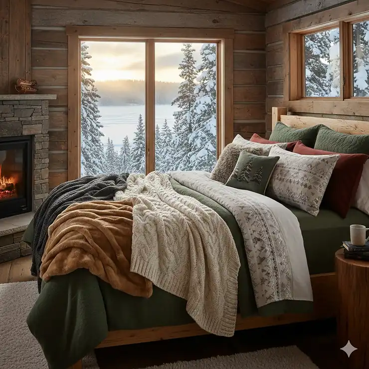 A beautifully made queen size bed featuring thick, plush winter blankets in a rustic Canadian cabin setting, perfect for cold nights.