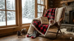 A cozy reading nook with a "couverture d'hiver" and throw blankets for winter paired with a hot coffee.
