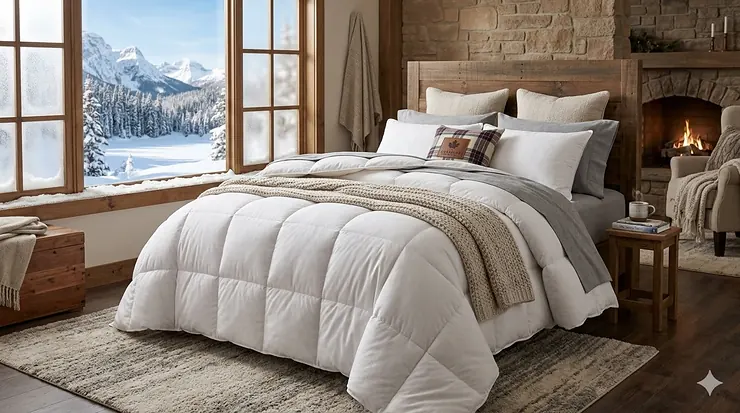 A plush white down alternative winter blanket draped over a king-sized bed in a cozy Canadian home with snowy mountains visible through the window. down alternative winter blankets