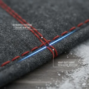 Close-up illustration of reinforced stitching and heavy-weight fabric for extreme cold.