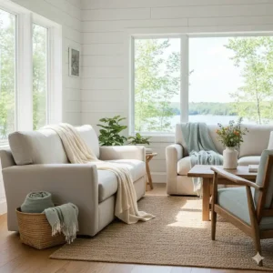 Sustainable organic cotton cottage blankets displayed in a bright, airy Ontario summer cottage.