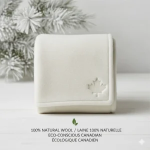 Minimalist graphic of sustainable, 100% natural wool winter blankets with a subtle maple leaf emblem, highlighting eco-conscious Canadian bedding.