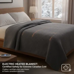 Energy-efficient electric heated blanket with safety certification for extreme Canadian cold.