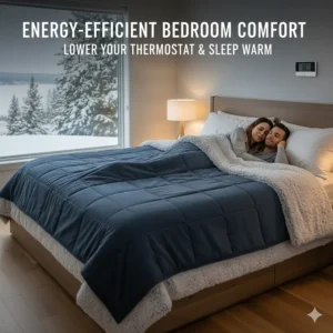 A peaceful bedroom setting showing energy saving blankets used to lower the thermostat at night.