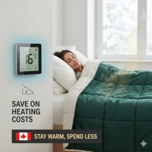 Illustration of saving on heating costs in Canada by using heavy-duty blankets for a cold bedroom during winter months.