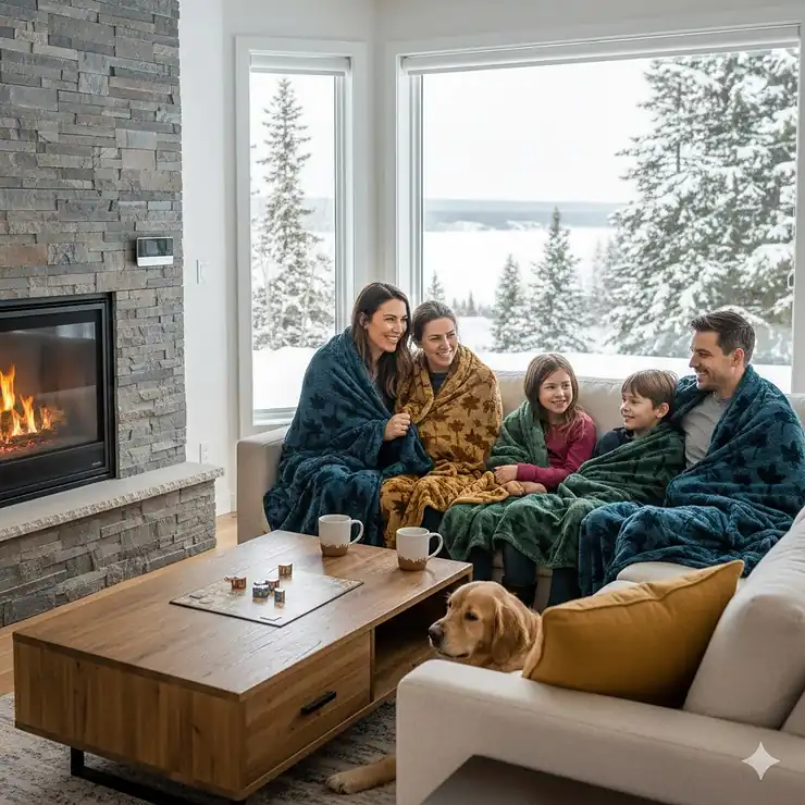 A family staying warm with energy saving blankets in a cozy living room during a Canadian winter.