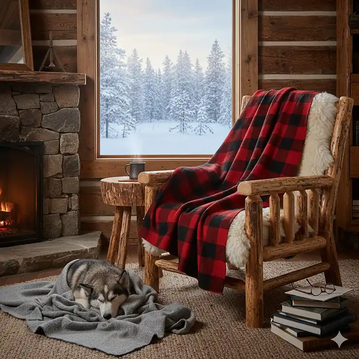 A thick wool blanket draped over a chair in a cozy Yukon cabin, perfect for Northern Canada winters.