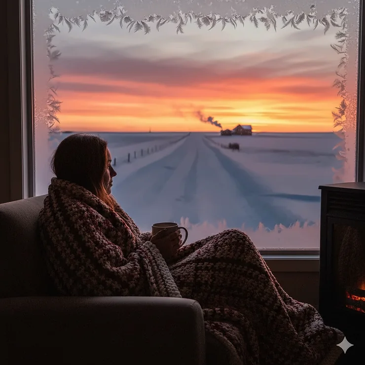 A person wrapped in a thick wool blanket looking out a frost-covered window at a snowy Canadian prairie landscape.