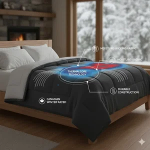 A graphic highlighting the heat retention features of a heavyweight queen size winter blanket for Canadian climates.