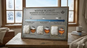 An infographic comparing warmth levels of down alternative blankets suitable for harsh Canadian winters and sub-zero temperatures.